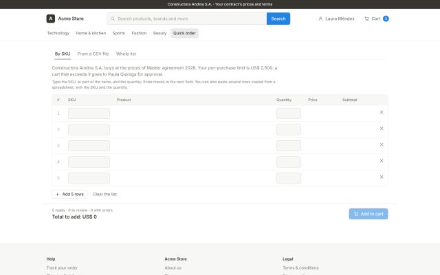 E-commerce B2B · B2B - Quick Purchasing (Bulk Ordering) · Quick Order Pad (SKU Entry)