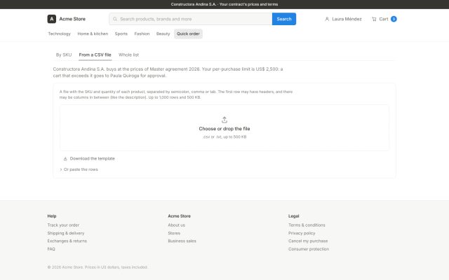 E-commerce B2B · B2B - Quick Purchasing (Bulk Ordering) · Order Upload by CSV