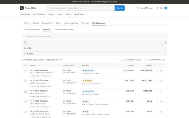 E-commerce B2B · B2B - Finance and Self-Service · Invoice Download