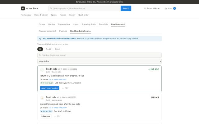 E-commerce B2B · B2B - Finance and Self-Service · Credit/Debit Note History