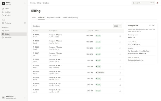 SaaS · Billing · Invoice History