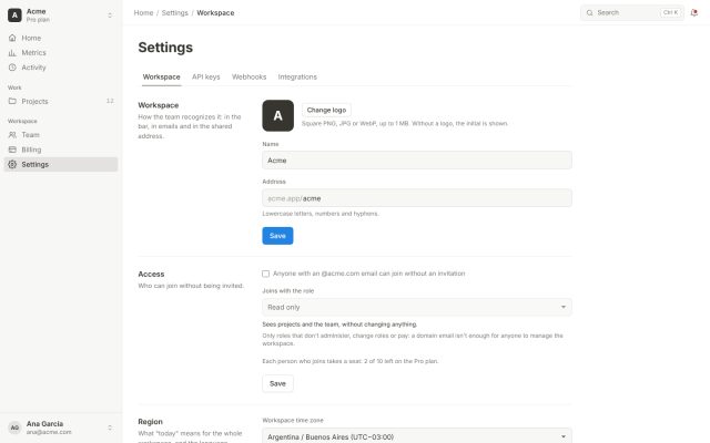 SaaS · Settings · Workspace Settings