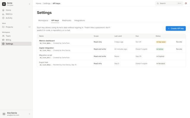 SaaS · Settings · API Keys