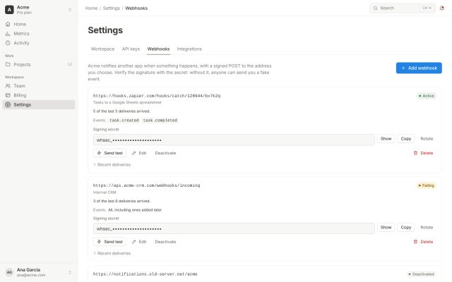SaaS · Settings · Webhooks