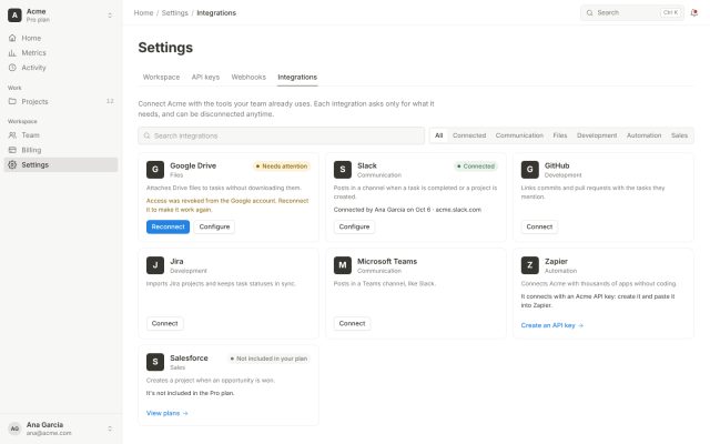 SaaS · Settings · Integrations