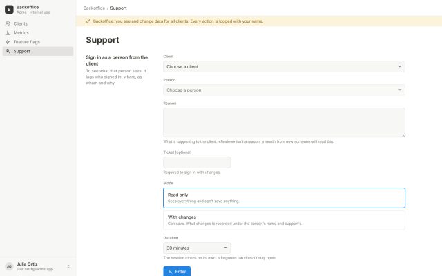 SaaS · Back Office (Superadmin) · Impersonation