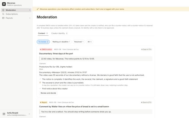 Content subscription · Back Office (Operator) · Moderation (Trust & Safety)
