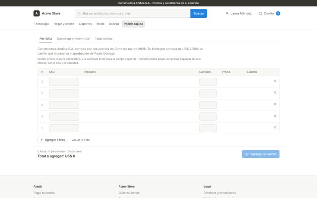 E-commerce B2B · B2B - Adquisición Rápida (Bulk Ordering) · Quick Order Pad (Ingreso por SKU)