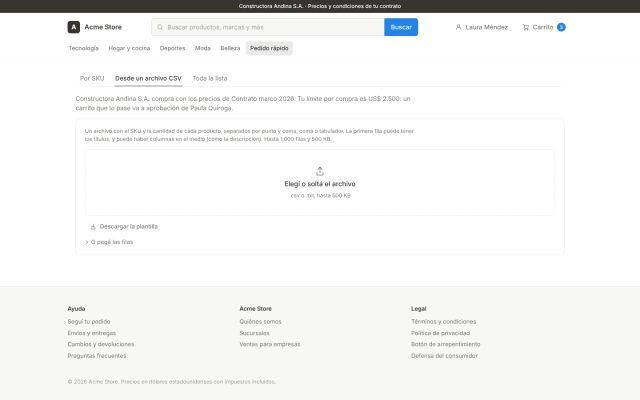 E-commerce B2B · B2B - Adquisición Rápida (Bulk Ordering) · Carga de Pedidos por CSV