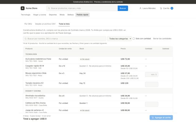 E-commerce B2B · B2B - Adquisición Rápida (Bulk Ordering) · Formularios en Grilla