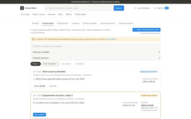 E-commerce B2B · B2B - Cotización (RFQ - Request For Quote) · Historial de RFQs