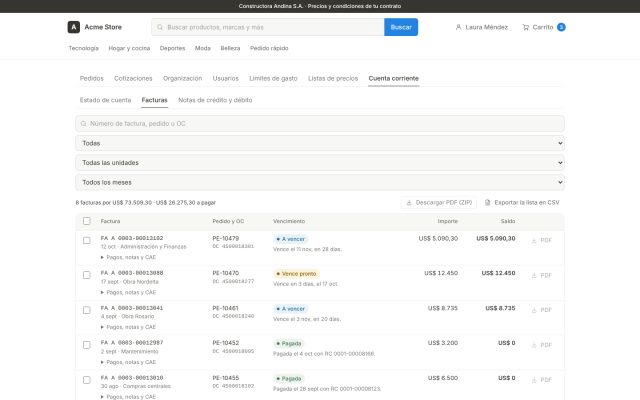 E-commerce B2B · B2B - Finanzas y Autogestión · Descarga de Facturas