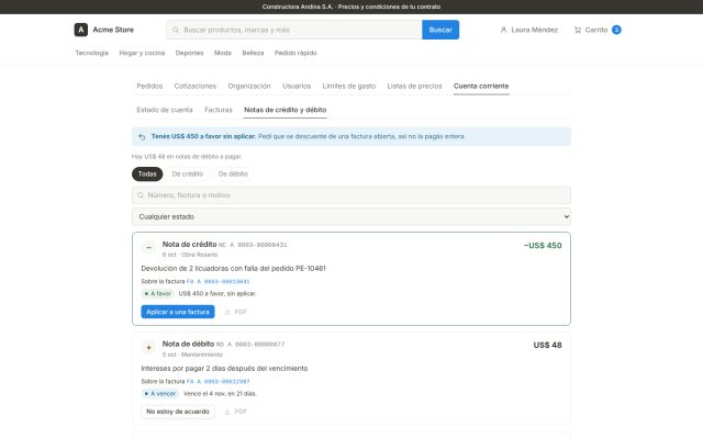 E-commerce B2B · B2B - Finanzas y Autogestión · Historial de Notas de Crédito/Débito