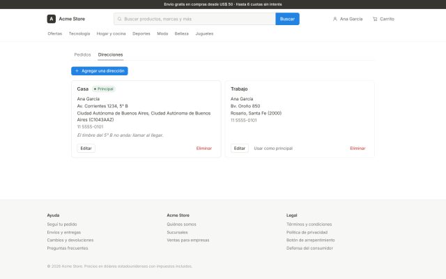 E-commerce (B2C) · Portal del Cliente (B2C) · Libreta de Direcciones