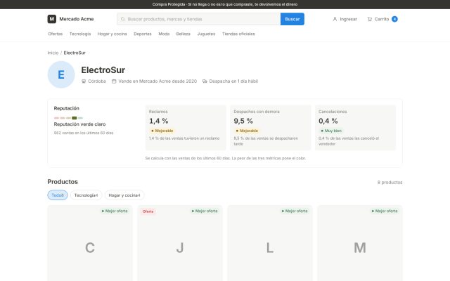 Marketplace · Descubrimiento (Comprador) · Perfil del Vendedor (Storefront)