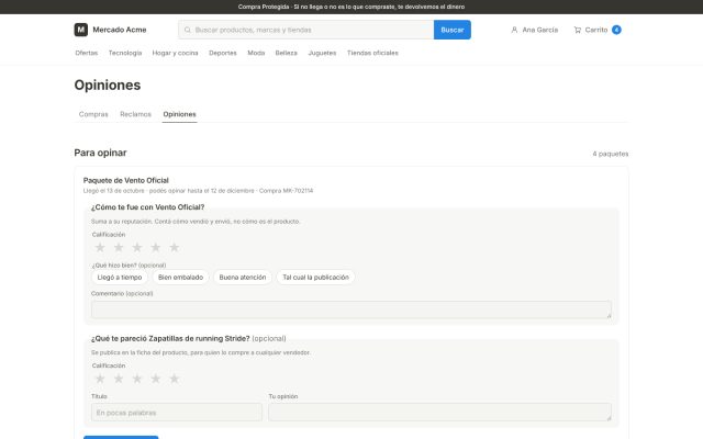 Marketplace · Portal del Cliente (Comprador) · Reseñas