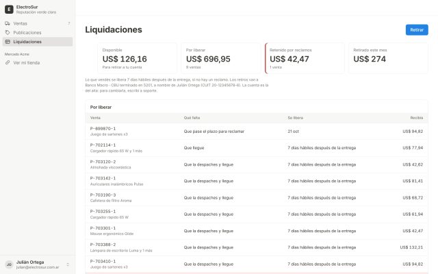 Marketplace · Portal del Vendedor (Vendor Portal) · Estado de Cuenta (Payouts)