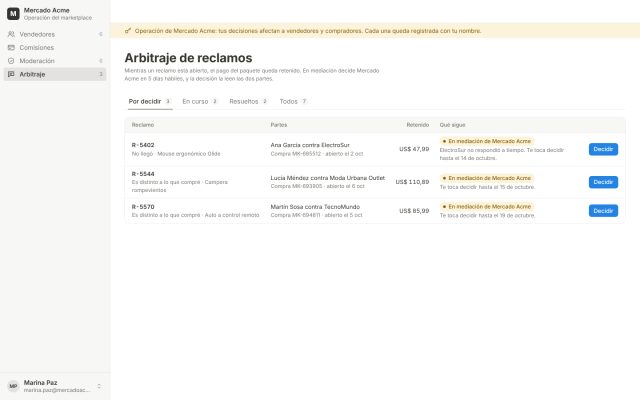 Marketplace · Backoffice del Operador (Superadmin) · Arbitraje