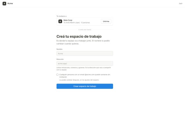 SaaS · Onboarding · Creación del Workspace/Organización