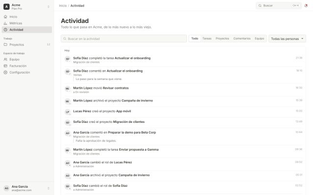 SaaS · Dashboard (Tenant) · Actividad reciente