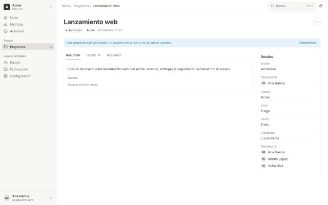 SaaS · Core del Producto · Detalles de entidad