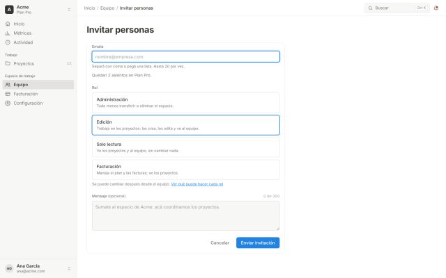 SaaS · Equipo y Accesos (RBAC) · Envío de invitaciones