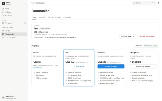 SaaS · Facturación (Billing) · Planes y Suscripción actual