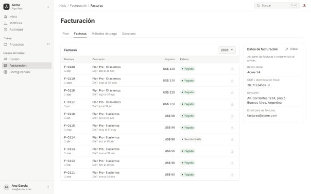SaaS · Facturación (Billing) · Historial de facturas