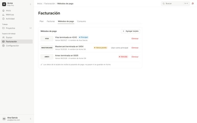 SaaS · Facturación (Billing) · Métodos de pago