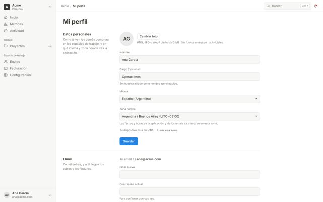 SaaS · Configuraciones · Perfil personal