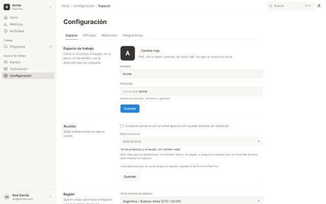 SaaS · Configuraciones · Ajustes del Workspace