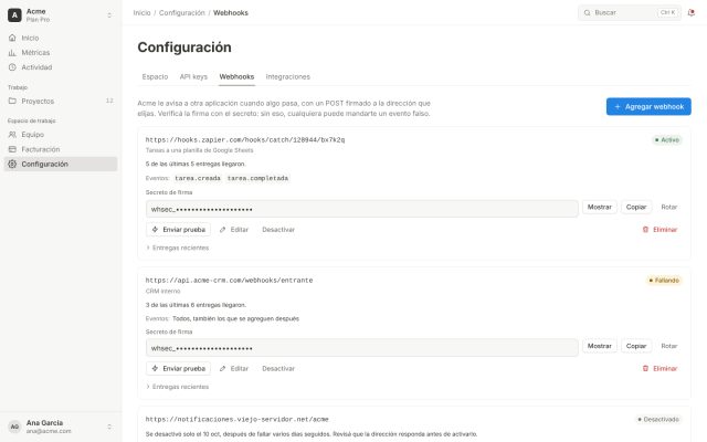 SaaS · Configuraciones · Webhooks