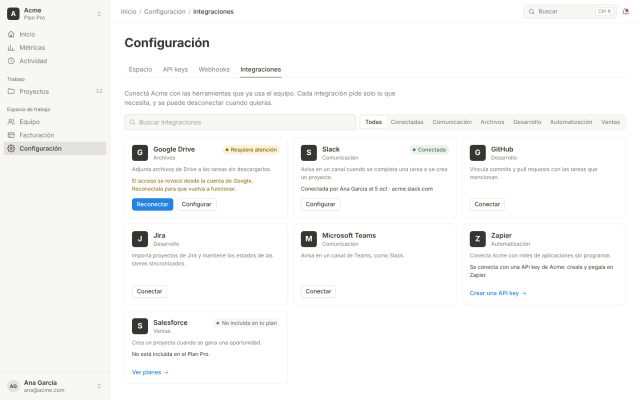 SaaS · Configuraciones · Integraciones