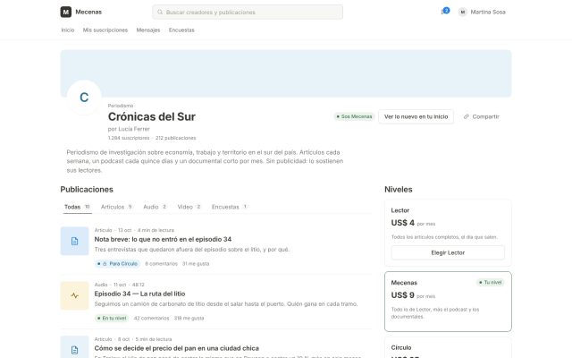 Suscripción de contenido · Descubrimiento y Paywall · Landing del Creador/Publicación