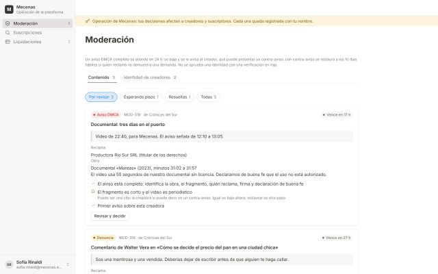 Suscripción de contenido · Backoffice (Operador) · Moderación (Trust & Safety)